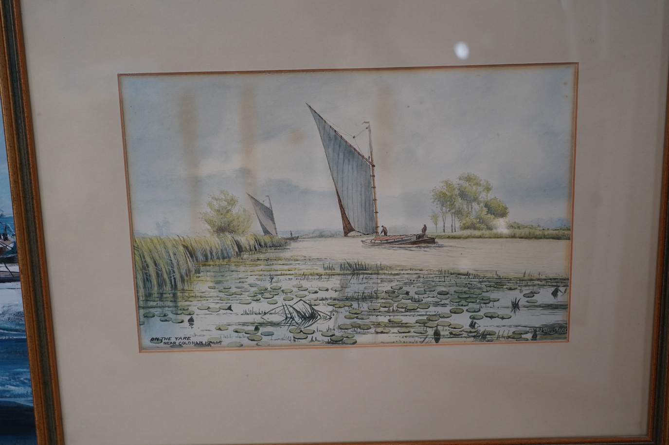 § Paul Thurston (British, 20th century), oil on board, Study of a yacht, a pair of lithographs of butterfly girls, monogrammed VM and three signed watercolours, largest 65 x 97cm. Condition - fair to good, Thurston paint